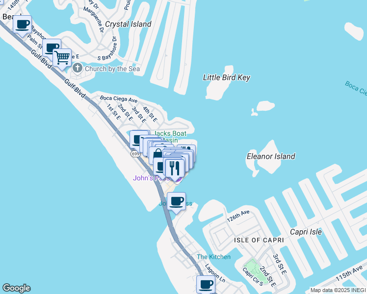 map of restaurants, bars, coffee shops, grocery stores, and more near 441 129th Avenue East in Madeira Beach