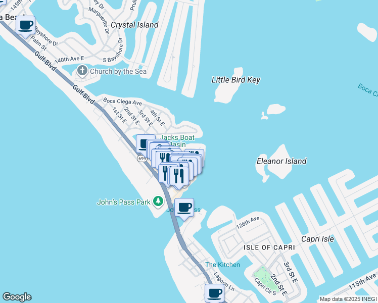 map of restaurants, bars, coffee shops, grocery stores, and more near 520 129th Avenue East in Madeira Beach