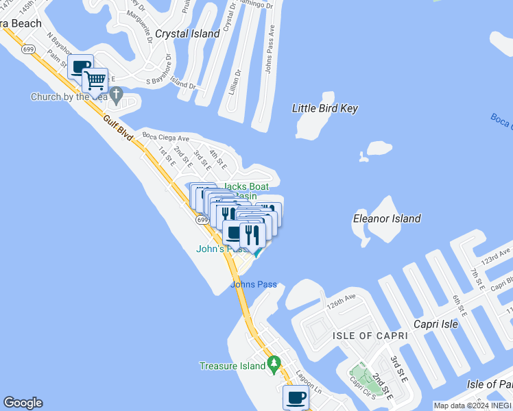 map of restaurants, bars, coffee shops, grocery stores, and more near 520 129th Avenue East in Madeira Beach