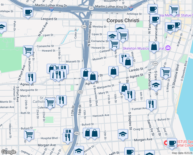 map of restaurants, bars, coffee shops, grocery stores, and more near 1410 Agnes Street in Corpus Christi