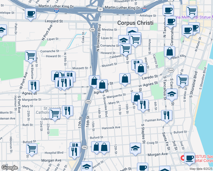 map of restaurants, bars, coffee shops, grocery stores, and more near 1410 Agnes Street in Corpus Christi