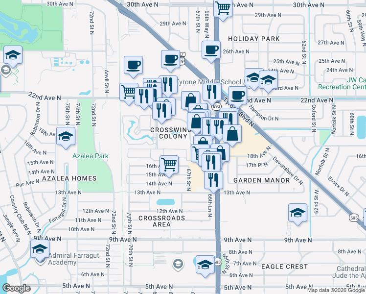 map of restaurants, bars, coffee shops, grocery stores, and more near 6705 16th Place North in St. Petersburg