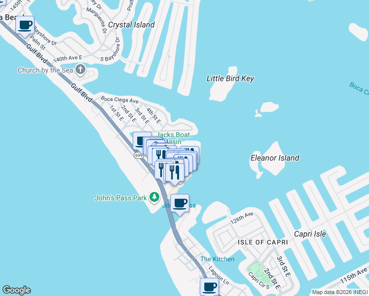 map of restaurants, bars, coffee shops, grocery stores, and more near 520 129th Avenue East in Madeira Beach