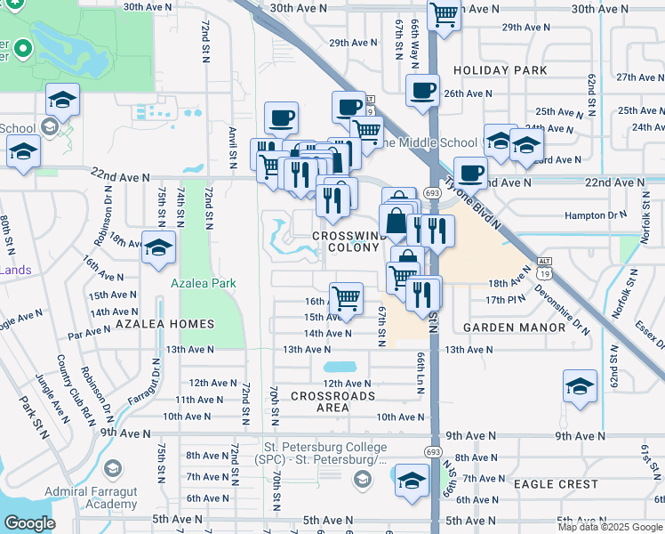 map of restaurants, bars, coffee shops, grocery stores, and more near 6775 16th Place North in Saint Petersburg