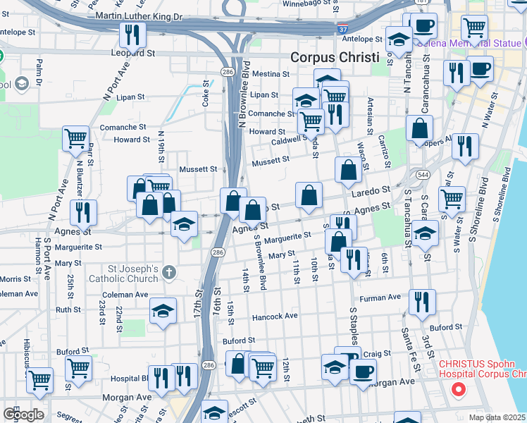 map of restaurants, bars, coffee shops, grocery stores, and more near 1419 Laredo Street in Corpus Christi