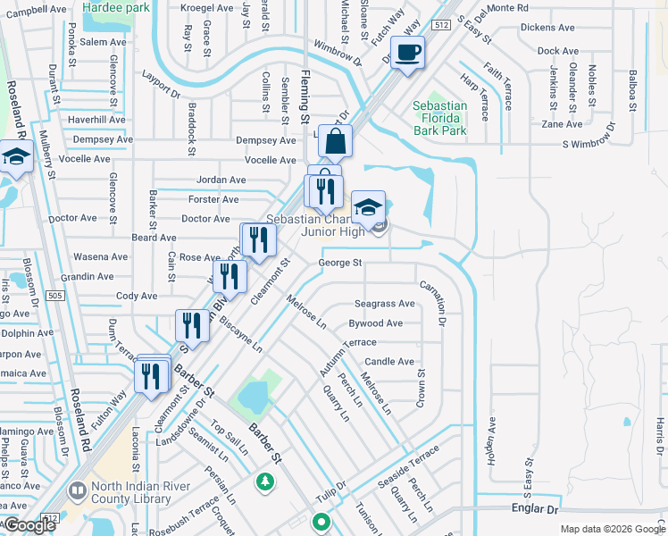map of restaurants, bars, coffee shops, grocery stores, and more near 725 Carnation Drive in Sebastian