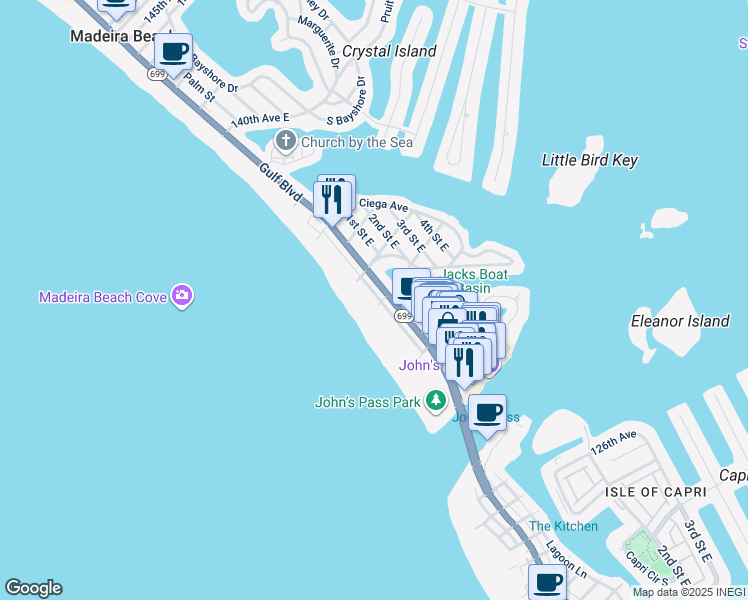 map of restaurants, bars, coffee shops, grocery stores, and more near 13213 Gulf Lane in Madeira Beach