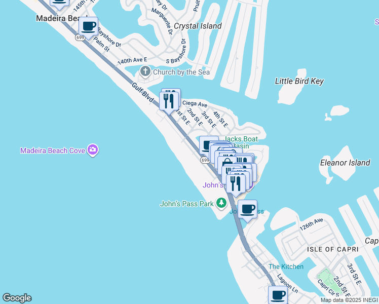 map of restaurants, bars, coffee shops, grocery stores, and more near 13213 Gulf Lane in Madeira Beach