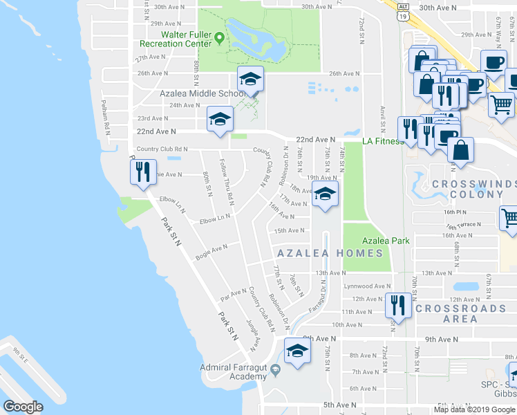 map of restaurants, bars, coffee shops, grocery stores, and more near 1543 Robinson Drive North in St. Petersburg
