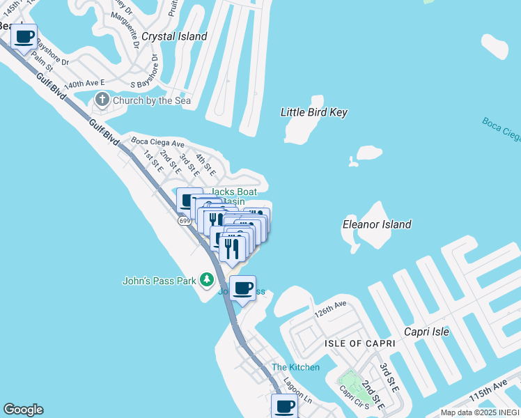 map of restaurants, bars, coffee shops, grocery stores, and more near 441 129th Avenue East in Madeira Beach