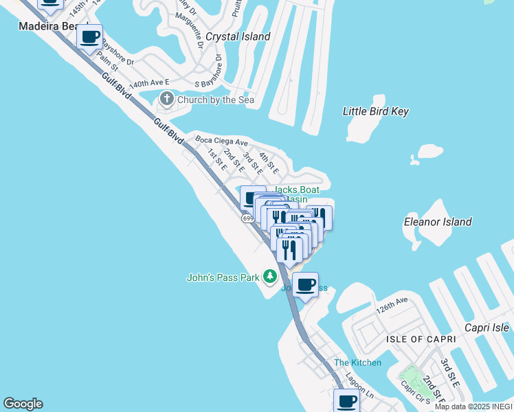 map of restaurants, bars, coffee shops, grocery stores, and more near 118 131st Avenue East in Madeira Beach