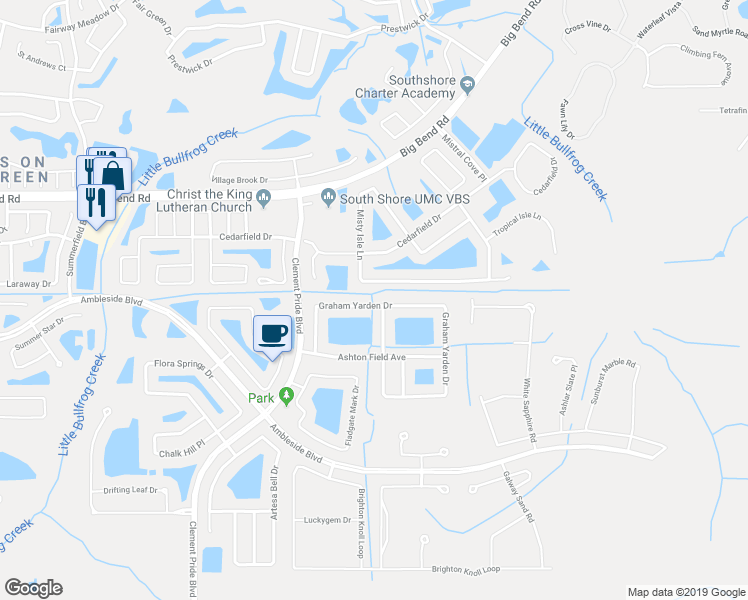 map of restaurants, bars, coffee shops, grocery stores, and more near 13405 Graham Yarden Drive in Riverview