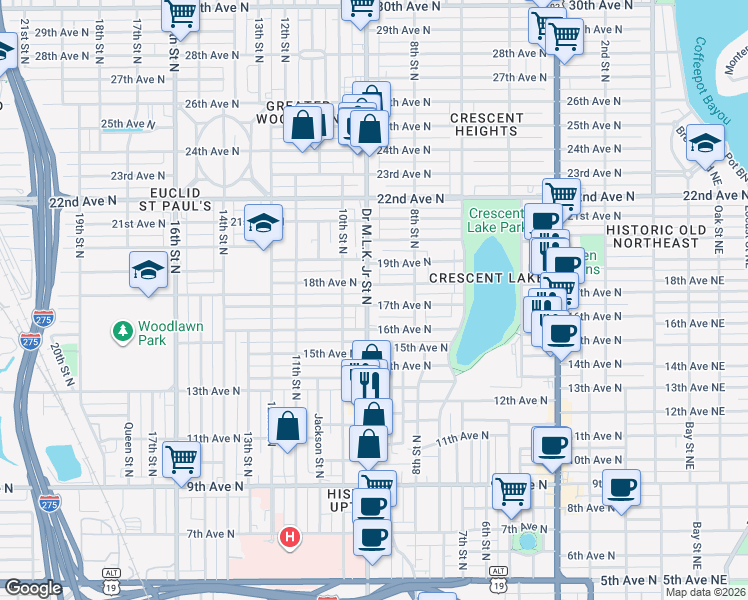 map of restaurants, bars, coffee shops, grocery stores, and more near 1600 Doctor Martin Luther King Junior Street North in St. Petersburg