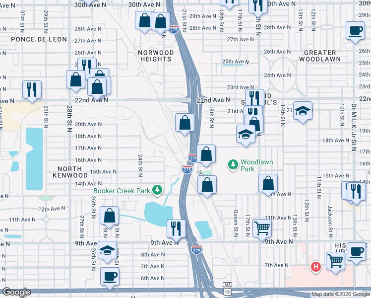 map of restaurants, bars, coffee shops, grocery stores, and more near 1601 22nd Street North in St. Petersburg