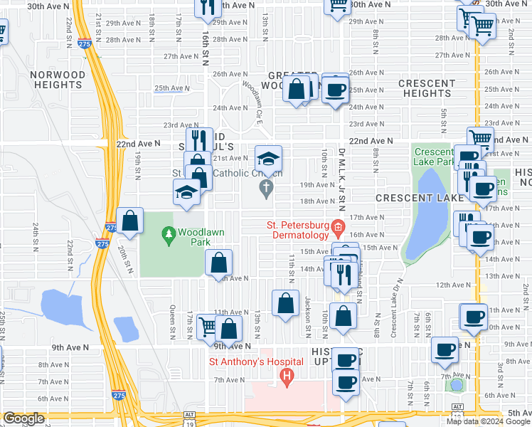 map of restaurants, bars, coffee shops, grocery stores, and more near 1234 17th Avenue North in St. Petersburg