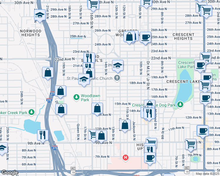 map of restaurants, bars, coffee shops, grocery stores, and more near 1620 14th Street North in St. Petersburg