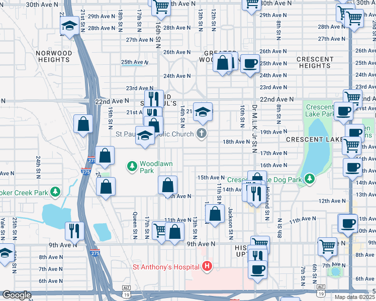 map of restaurants, bars, coffee shops, grocery stores, and more near 1620 14th Street North in St. Petersburg