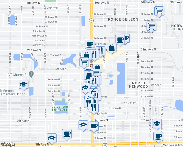 map of restaurants, bars, coffee shops, grocery stores, and more near 3321 17th Avenue North in Saint Petersburg