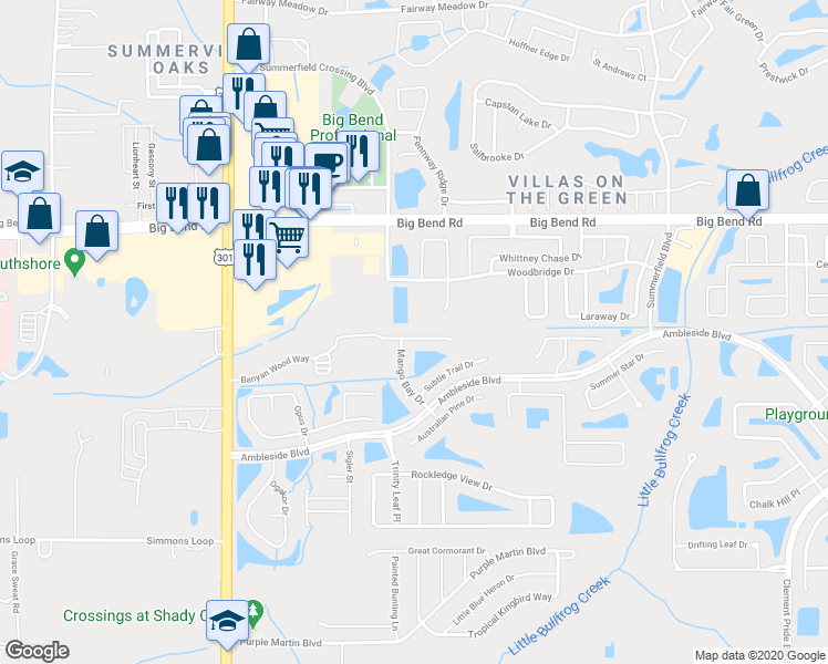 map of restaurants, bars, coffee shops, grocery stores, and more near 10908 Banyan Wood Way in Riverview