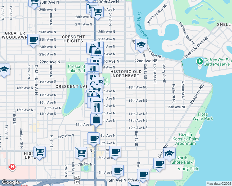 map of restaurants, bars, coffee shops, grocery stores, and more near 1718 1st Street Northeast in St. Petersburg
