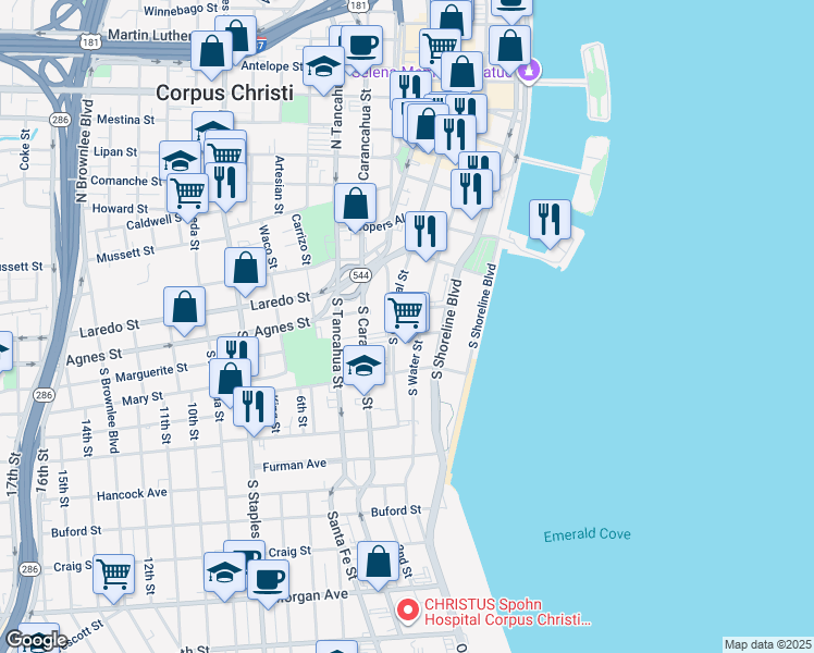map of restaurants, bars, coffee shops, grocery stores, and more near 417 South Upper Broadway in Corpus Christi