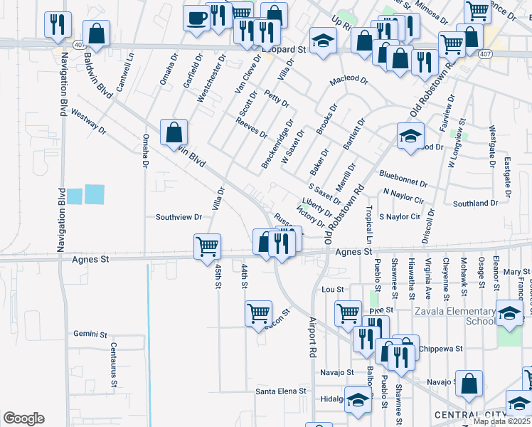 map of restaurants, bars, coffee shops, grocery stores, and more near 7401 Russell Drive in Corpus Christi