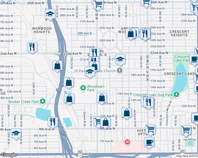 map of restaurants, bars, coffee shops, grocery stores, and more near 1727 16th Street North in St. Petersburg