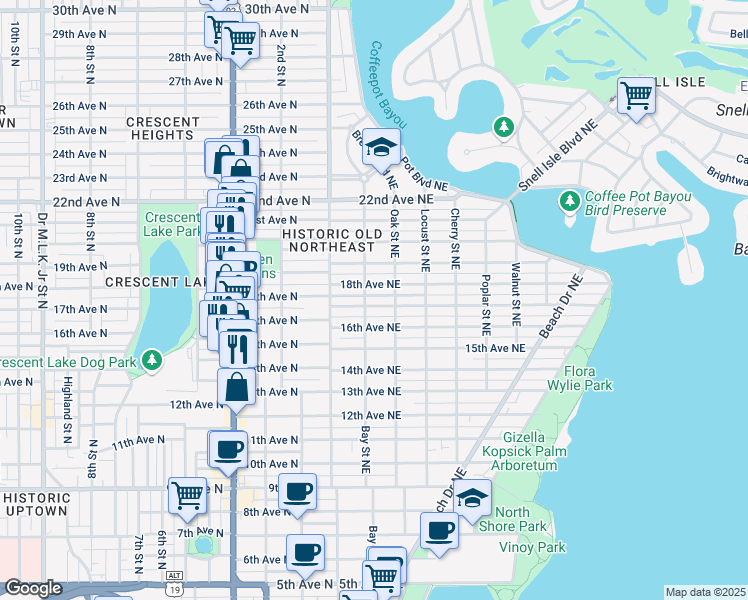 map of restaurants, bars, coffee shops, grocery stores, and more near 251 18th Avenue Northeast in St. Petersburg