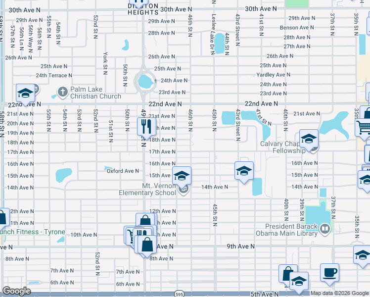 map of restaurants, bars, coffee shops, grocery stores, and more near 4630 18th Avenue North in St. Petersburg