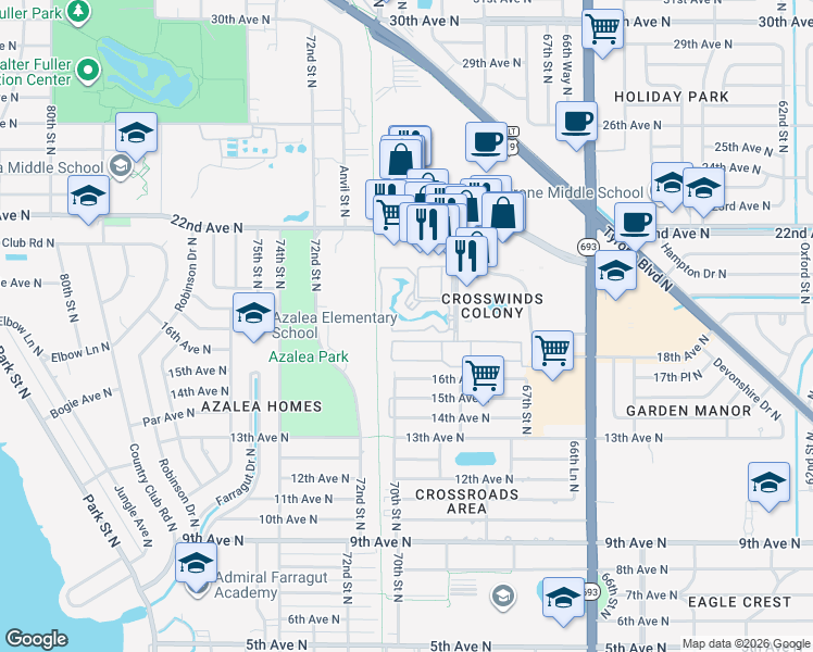 map of restaurants, bars, coffee shops, grocery stores, and more near 6930 Stonesthrow Circle North in St. Petersburg