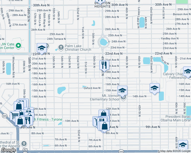 map of restaurants, bars, coffee shops, grocery stores, and more near 4934 18th Avenue North in St. Petersburg