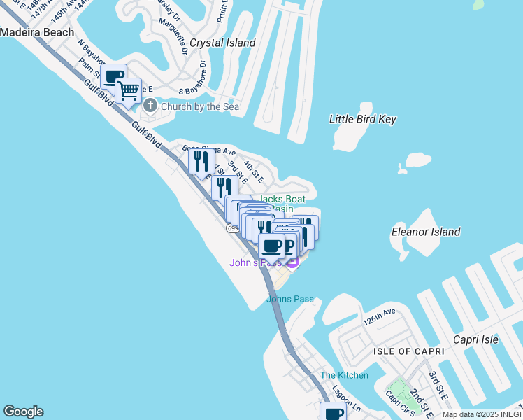 map of restaurants, bars, coffee shops, grocery stores, and more near 154 131st Avenue East in Madeira Beach
