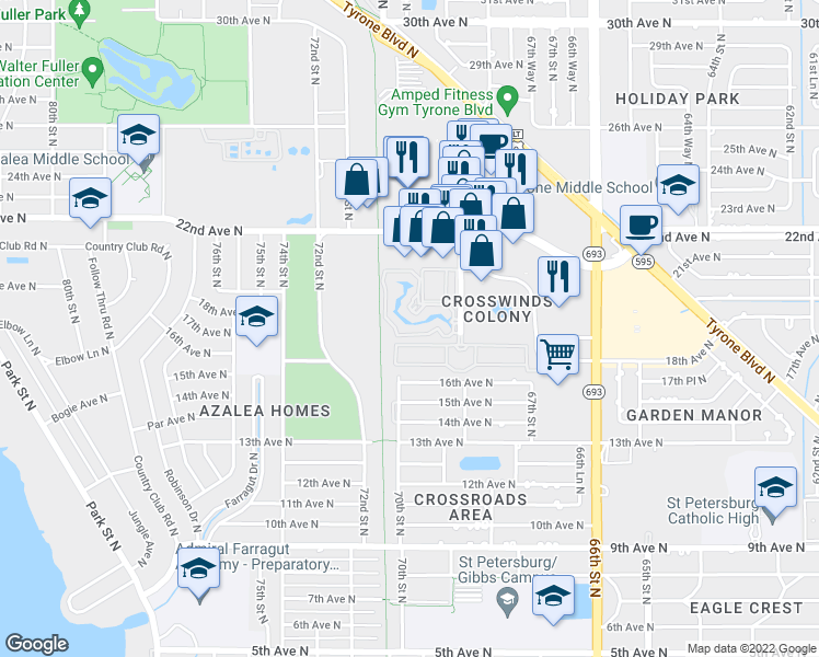 map of restaurants, bars, coffee shops, grocery stores, and more near 6826 Stonesthrow Circle North in Saint Petersburg