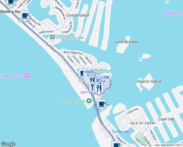 map of restaurants, bars, coffee shops, grocery stores, and more near 154 131st Avenue East in Madeira Beach