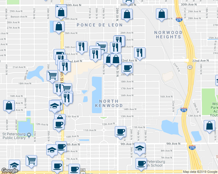 map of restaurants, bars, coffee shops, grocery stores, and more near 2861 17th Avenue North in St. Petersburg