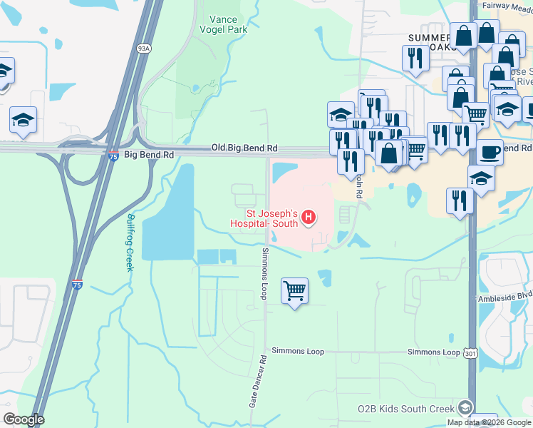 map of restaurants, bars, coffee shops, grocery stores, and more near 6834 Simmons Loop in Riverview