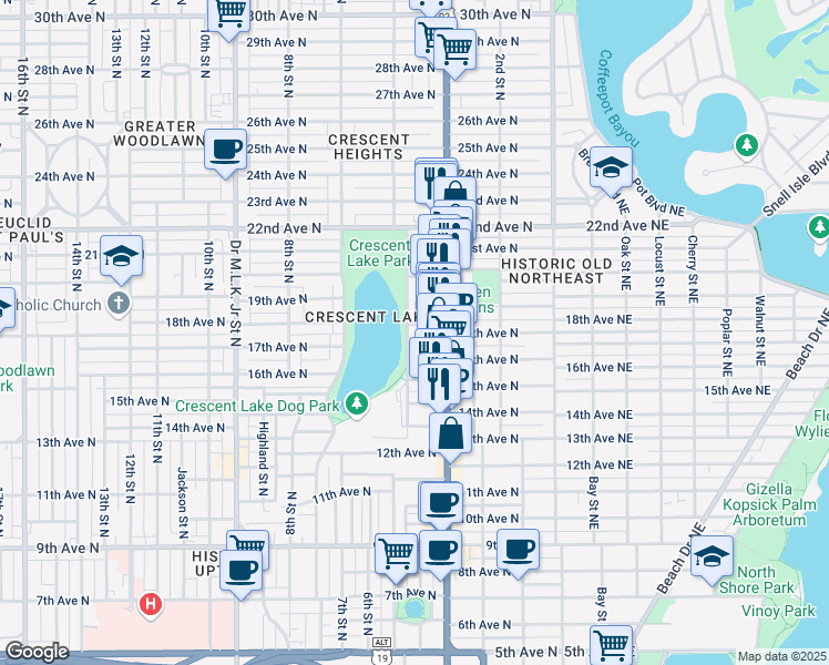 map of restaurants, bars, coffee shops, grocery stores, and more near 437 18th Avenue North in St. Petersburg
