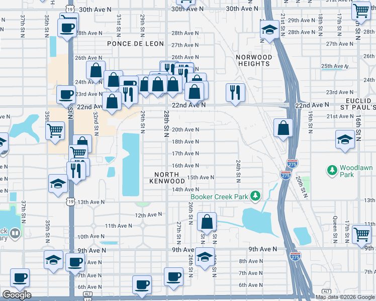map of restaurants, bars, coffee shops, grocery stores, and more near 2610 18th Avenue North in St. Petersburg