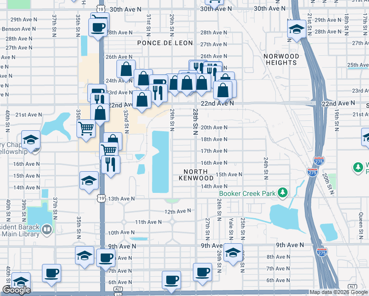 map of restaurants, bars, coffee shops, grocery stores, and more near 2852 18th Avenue North in St. Petersburg