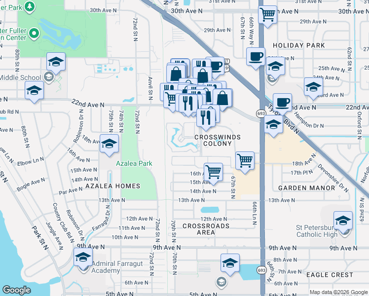 map of restaurants, bars, coffee shops, grocery stores, and more near 6930 Stonesthrow Circle North in St. Petersburg