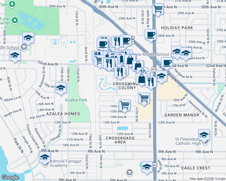 map of restaurants, bars, coffee shops, grocery stores, and more near 6801 Stonesthrow Circle North in St. Petersburg