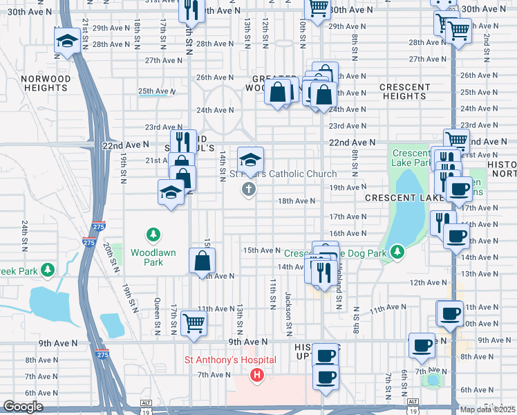 map of restaurants, bars, coffee shops, grocery stores, and more near 1717 12th Street North in Saint Petersburg