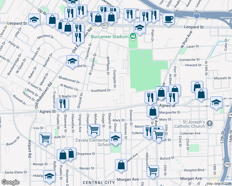 map of restaurants, bars, coffee shops, grocery stores, and more near 213 Eastgate Drive in Corpus Christi