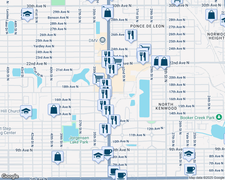 map of restaurants, bars, coffee shops, grocery stores, and more near 1725 34th Street North in St. Petersburg