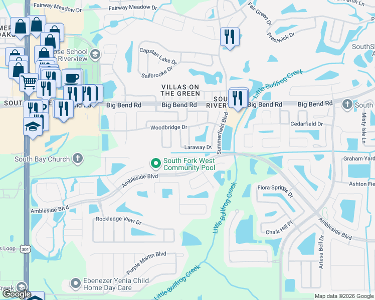 map of restaurants, bars, coffee shops, grocery stores, and more near 13415 Laraway Drive in Riverview