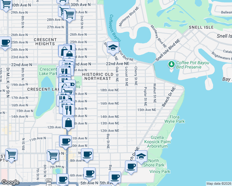 map of restaurants, bars, coffee shops, grocery stores, and more near 251 18th Avenue Northeast in St. Petersburg