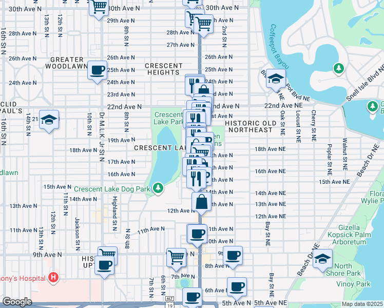 map of restaurants, bars, coffee shops, grocery stores, and more near 437 18th Avenue North in St. Petersburg