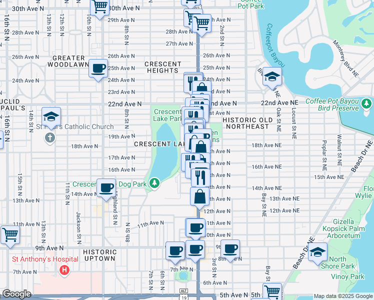 map of restaurants, bars, coffee shops, grocery stores, and more near 437 18th Avenue North in St. Petersburg