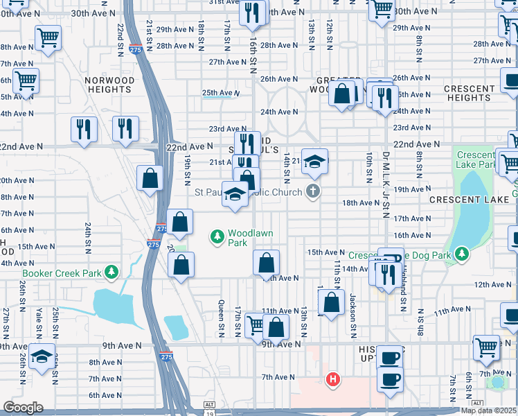 map of restaurants, bars, coffee shops, grocery stores, and more near 1727 16th Street North in St. Petersburg