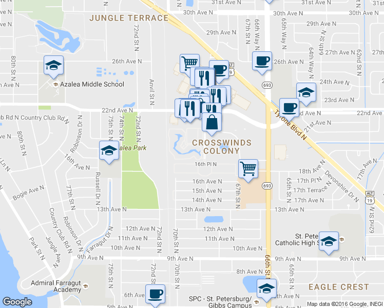 map of restaurants, bars, coffee shops, grocery stores, and more near 6930 Stonesthrow Circle North in St. Petersburg